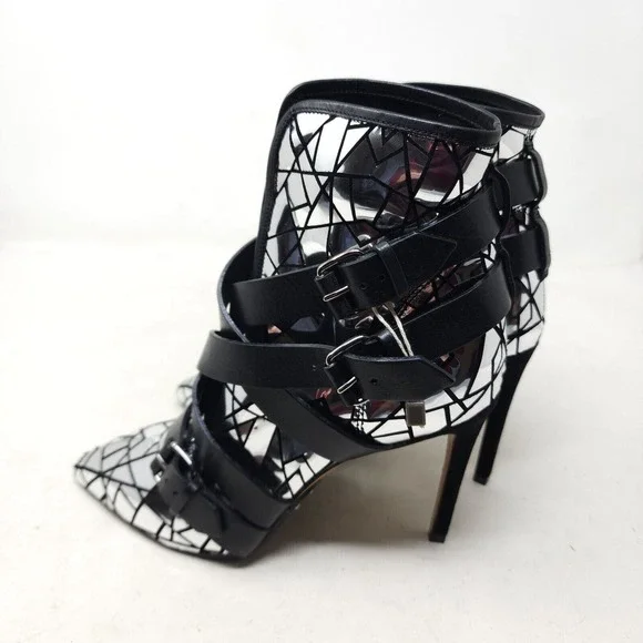 Balmain Paris Womens Boots Jackie Mosaic Silver Metallic Strappy Ankle Heel 37 7 - Picture 5 of 11